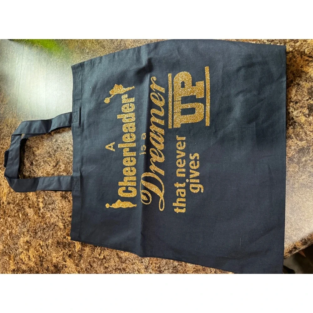 Cheerleader Dreamer Never Gives Up Gold Glitter Black Canvas Tote Bag Cheer Gift
